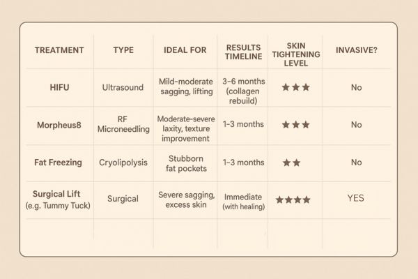 Table showing the comparisons of Skin tightening Earls Barton treatment options. 
